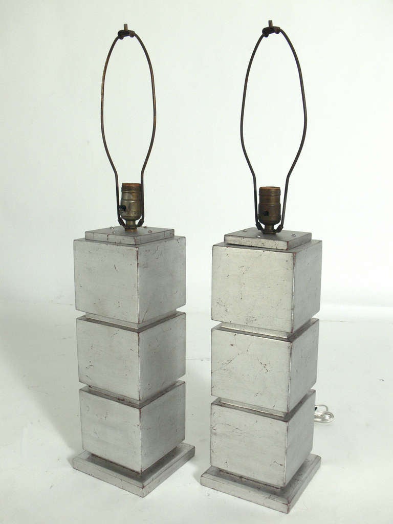 Pair of Silver Leaf Cube Lamps