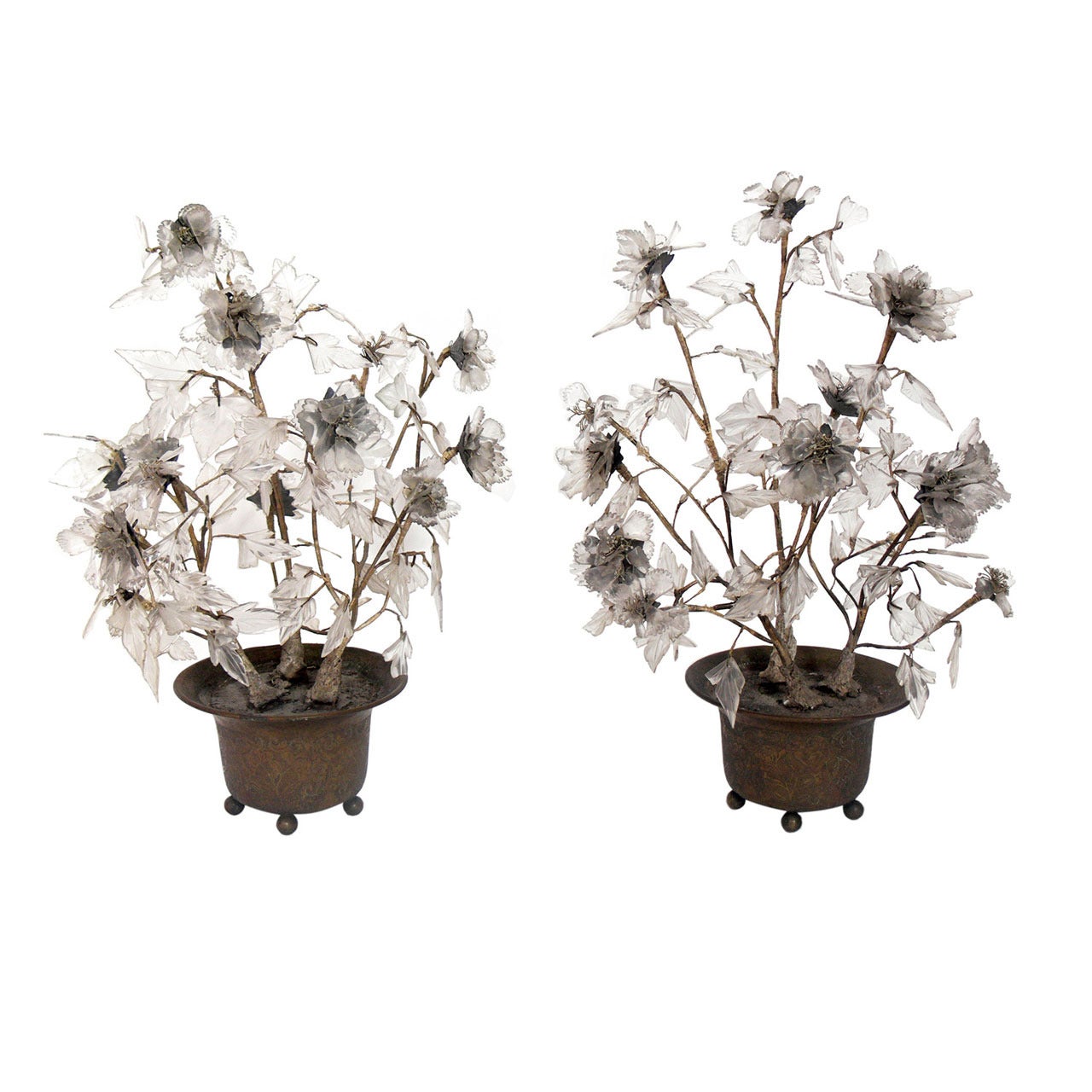 Pair of Chinese Crystal Trees in Finely Chased Bronze Urns