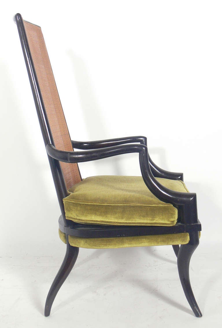 Mid-Century Modern Tall Caned Back Arm Chair with Sculptural Legs