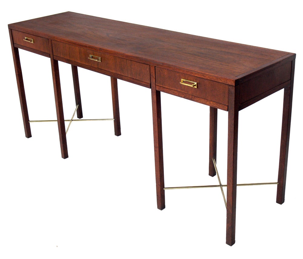 Clean Lined Walnut and Brass Console Table