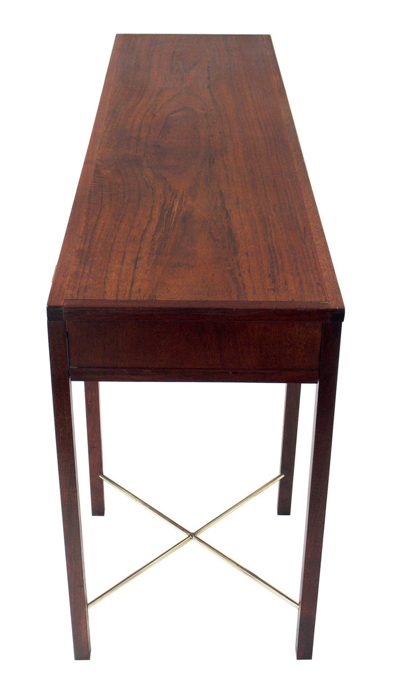 Mid-Century Modern Clean Lined Walnut and Brass Console Table