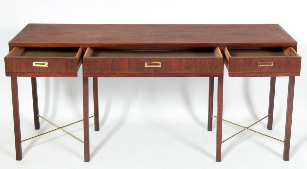 American Clean Lined Walnut and Brass Console Table