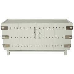 White Lacquered Chest with Nickel Hardware in the Manner of Tommi Parzinger