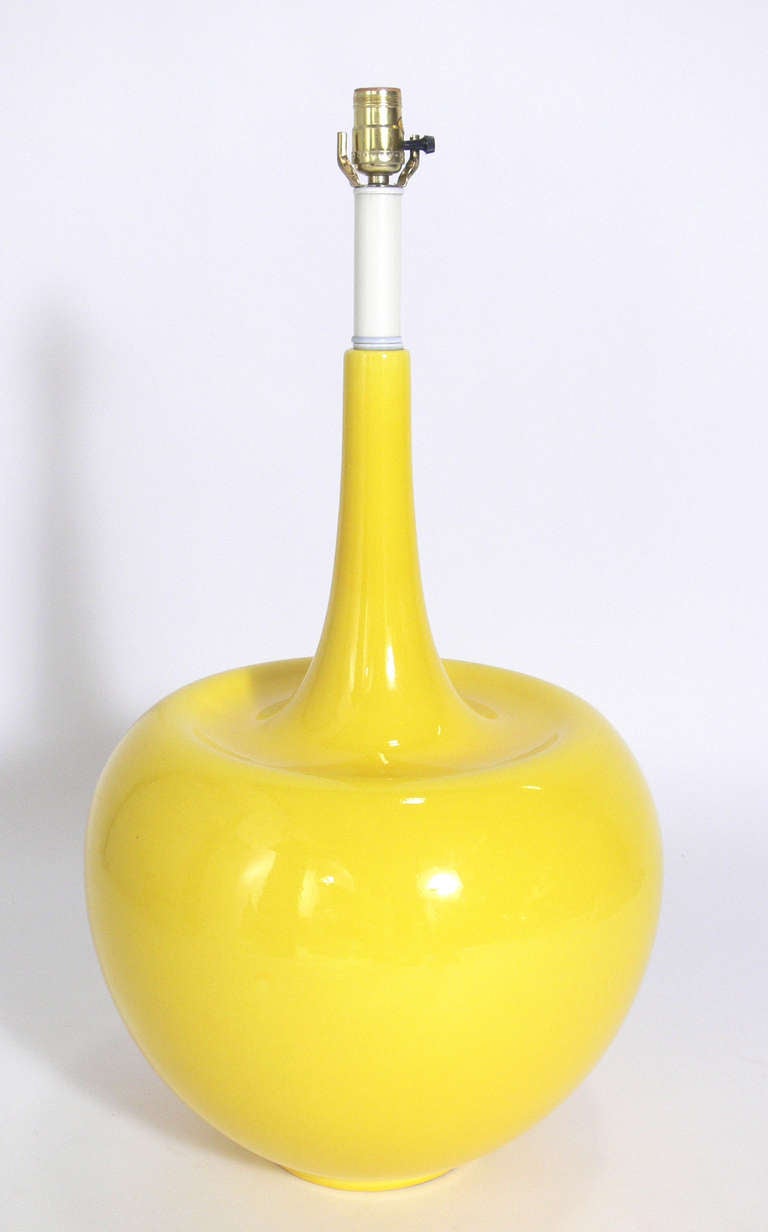 Vibrant Yellow Ceramic Lamp, in the manner of Jacques and Dani Ruelland, circa 1960's. Large scale sculptural form. The price noted in this listing includes the lamp and shade.

