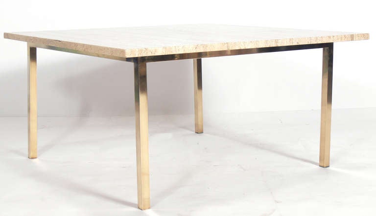 American Pair of Large Scale Brass and Travertine Tables in the Manner of Paul McCobb