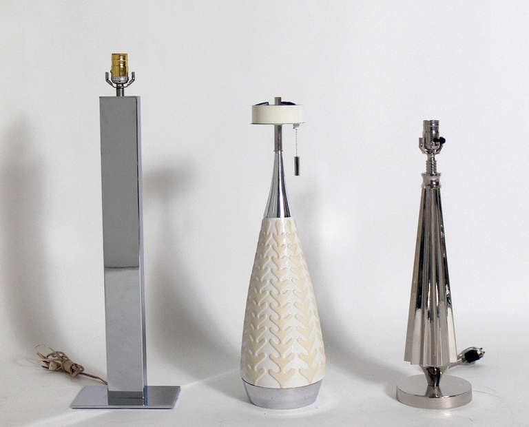 Modernist Nickel Lamps, American, circa 1950's. From left to right, they are: 1) Tall chrome plated lamp, in the manner of Milo Baughman, circa 1960's. $450. It measures 44.5