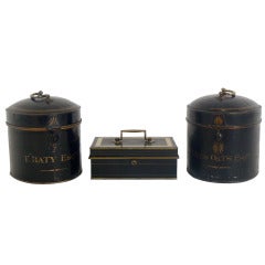 Antique Group of 19th Century Black and Gold Metal Boxes