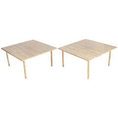 Pair of Large Scale Brass and Travertine Tables in the Manner of Paul McCobb