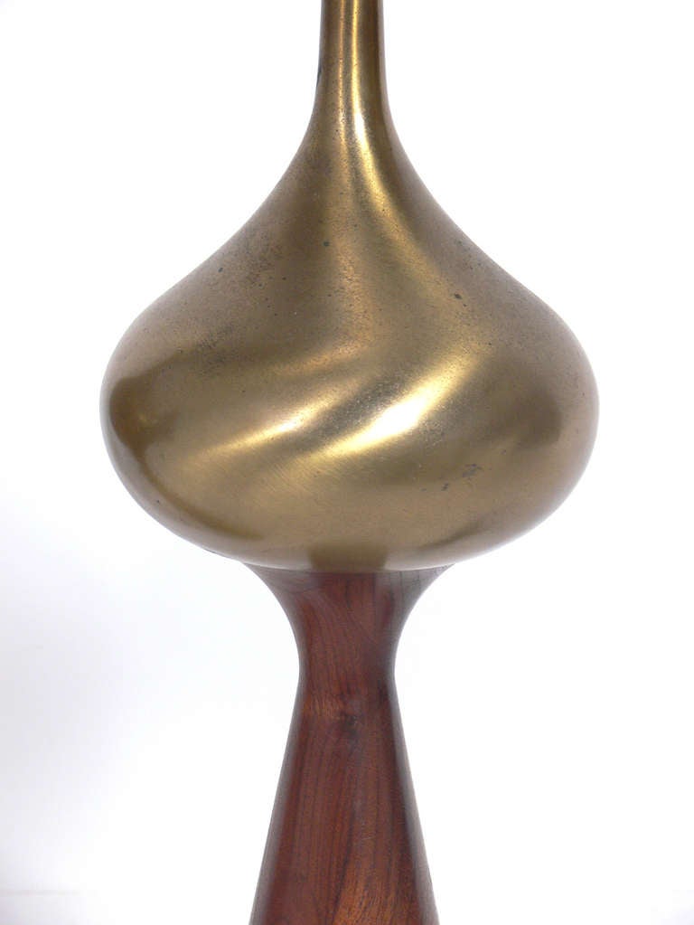 Plated Sculptural Pair of Brass and Walnut Lamps