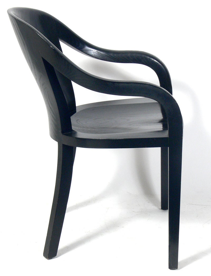 Set of Eight Black Lacquered Oak Dining Chairs, custom designed by Ward Bennett, circa 1980s, from the estate of Mr. and Mrs. Gottlieb, New York City. They are extremely comfortable.