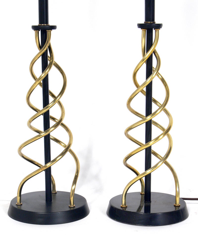 Pair of Sculptural Black and Brass Swirl Lamps, American, circa 1950s. Rewired and ready to use.