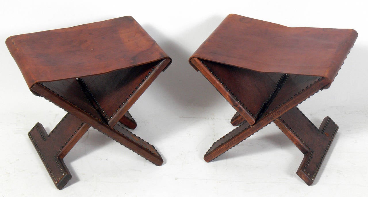 Hollywood Regency Pair of Brass Studded Leather Folding Stools
