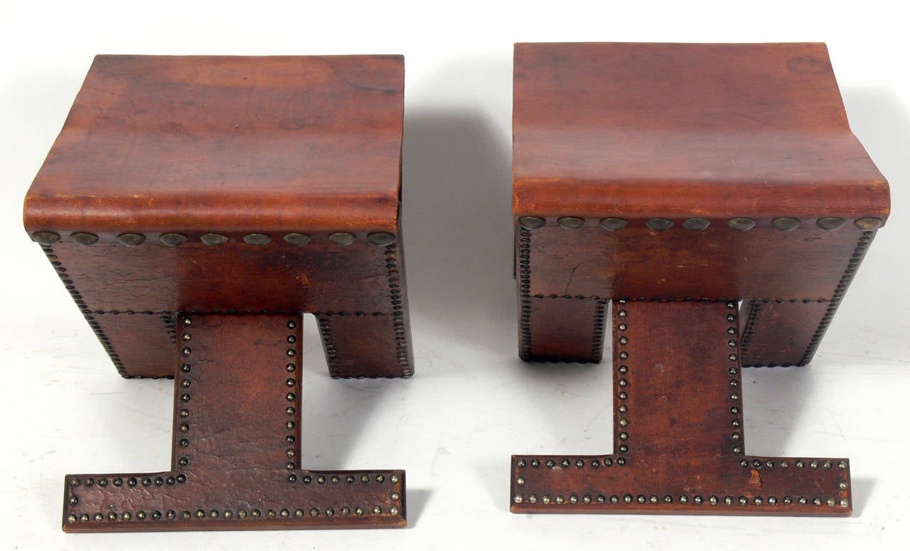 American Pair of Brass Studded Leather Folding Stools