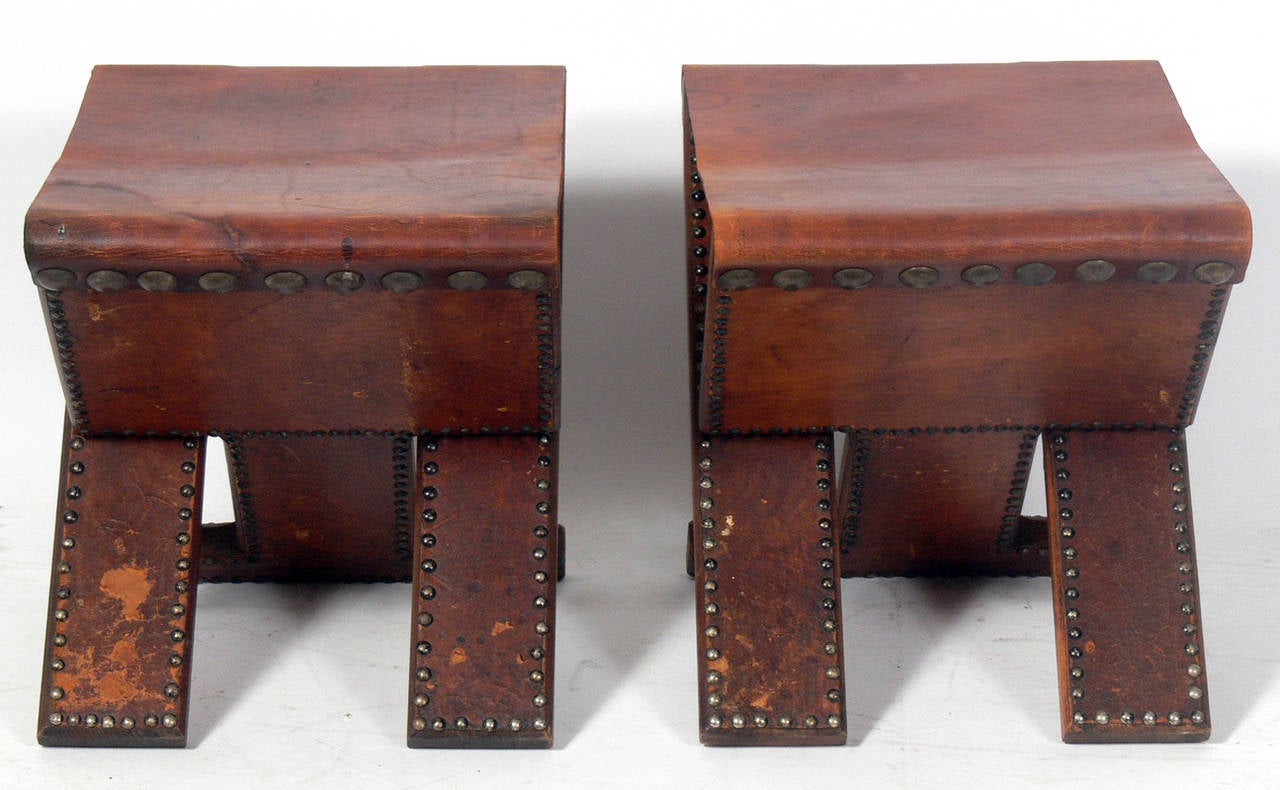 Pair of Brass Studded Leather Folding Stools In Distressed Condition In Atlanta, GA