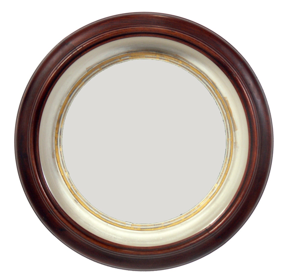 Group of Antique Mahogany Porthole Mirrors, believed to be circa 1930s, possibly earlier. They retain their original warm mahogany color finish with t]two having ivory color painted and gilt interiors. Nice original patina to frames and mirrors.