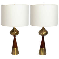Sculptural Pair of Brass and Walnut Lamps