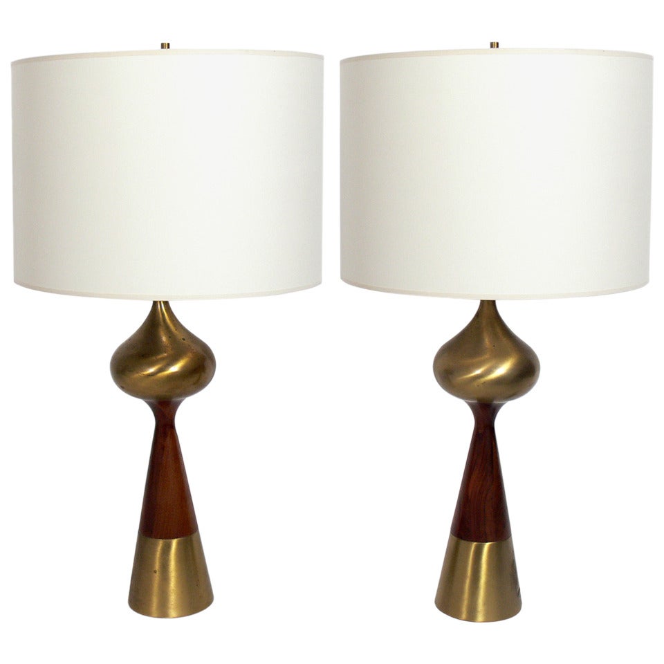 Sculptural Pair of Brass and Walnut Lamps