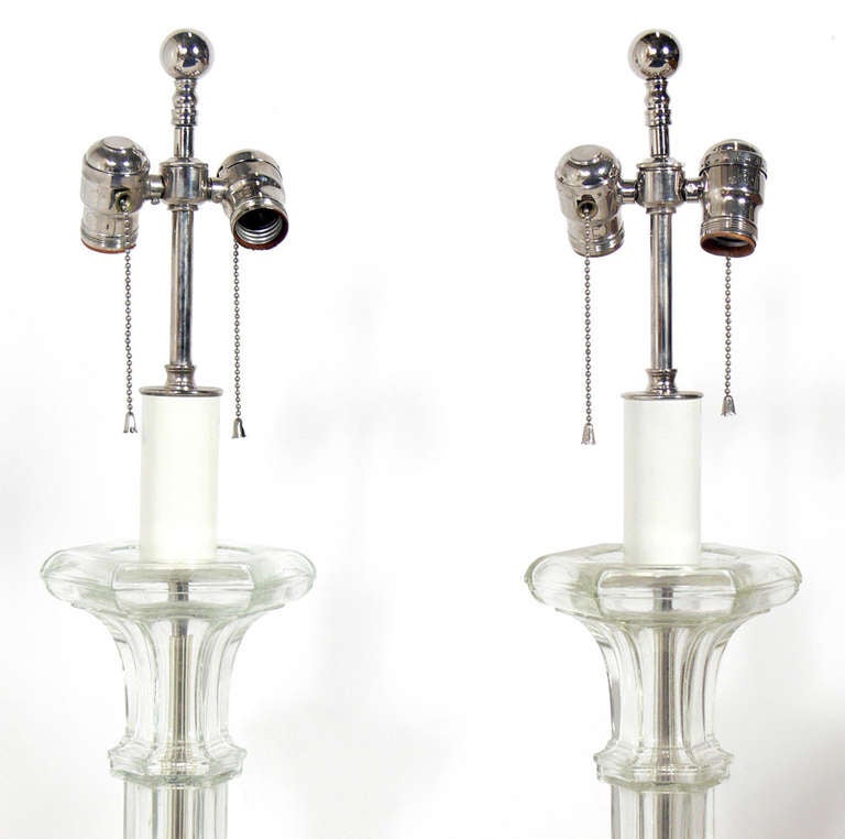 American Elegant Pair of Glass and Nickel Lamps