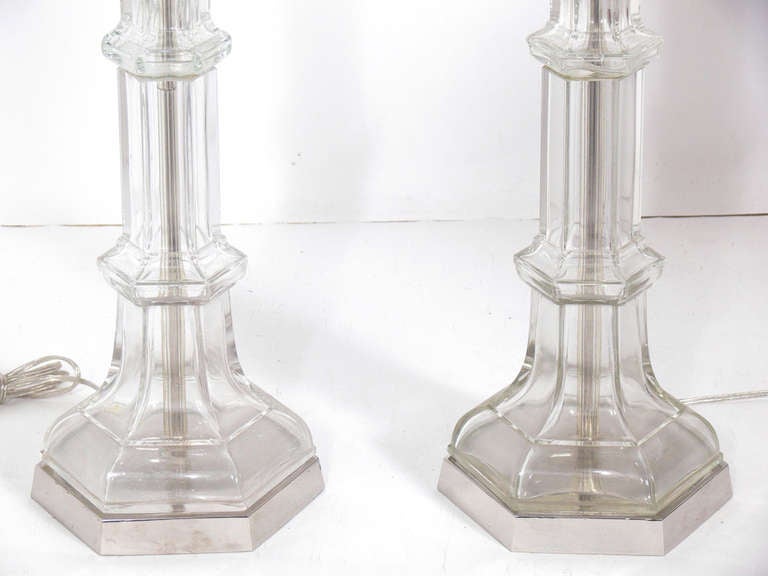 Plated Elegant Pair of Glass and Nickel Lamps