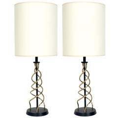 Pair of Sculptural Black and Brass Swirl Lamps