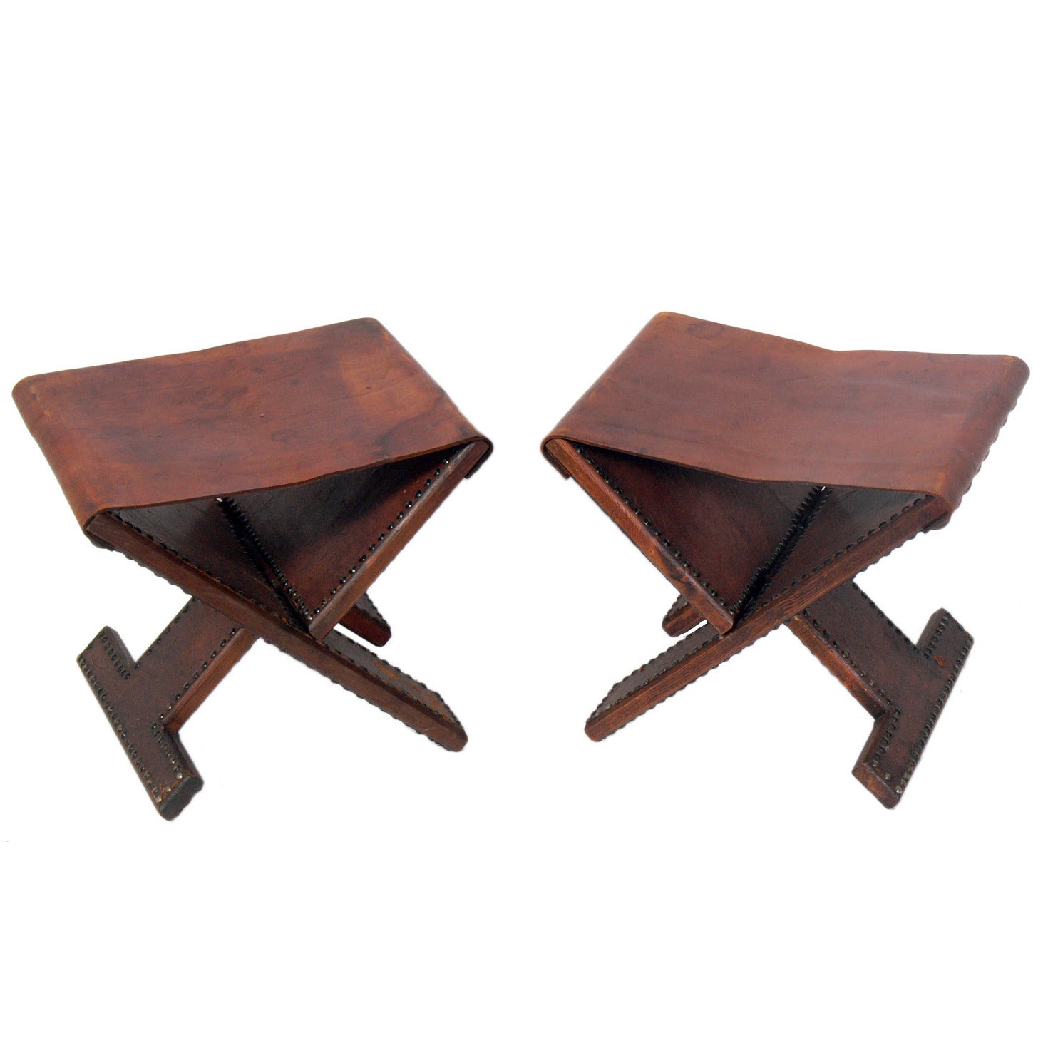 Pair of Brass Studded Leather Folding Stools