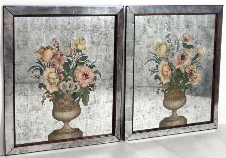 Hollywood Regency Pair of Elegant Floral Eglomise Mirrors