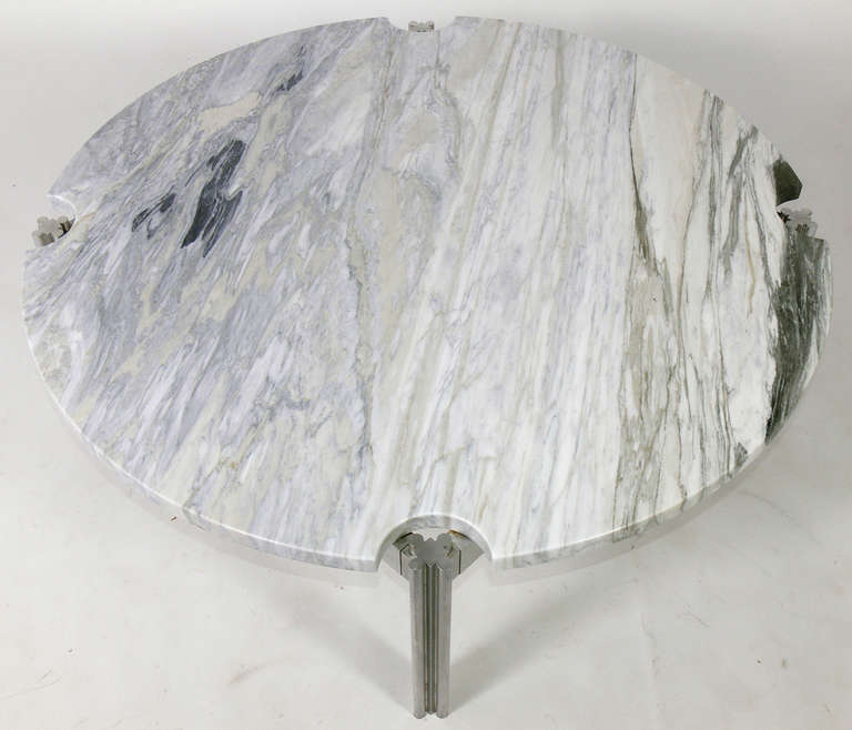 Modernist Marble Coffee Table by Jens Risom, circa 1960s. This piece has a beautiful white marble top with grey and tan veining. The aluminum base has been hand polished.