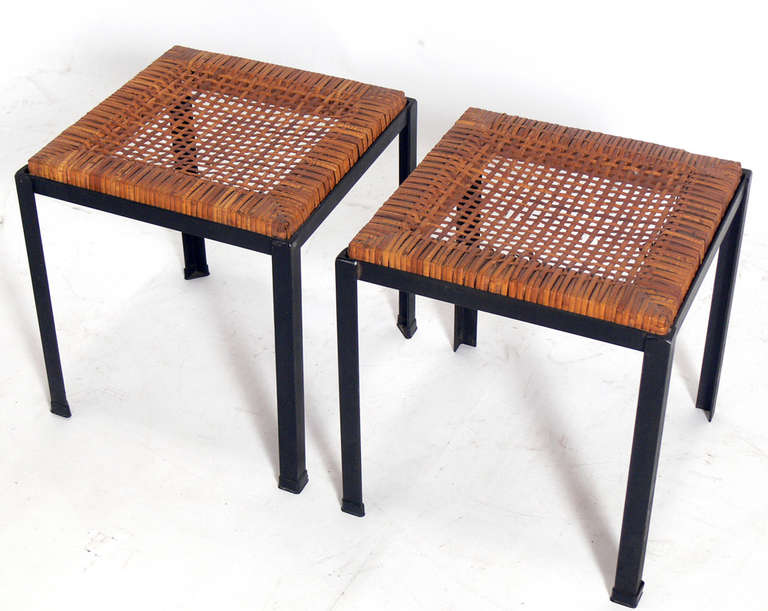 Mid-Century Modern Pair of Iron and Reed California Modern Stools by Danny Ho Fong