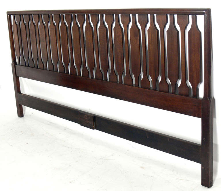 Mid-Century Modern King Size Headboard by Kipp Stewart and Stewart McDougall for Drexel, circa 1960s. This piece is currently being refinished. It can be refinished in your choice of color. Would look great refinished in walnut as is, or would lend