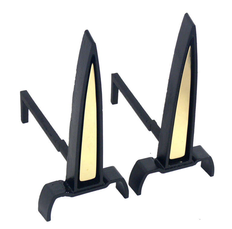 Mid-Century Modern Black and Brass Spire Andirons Designed by Donald Deskey
