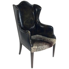 Antique Leather and Cowhide Wingback Armchair