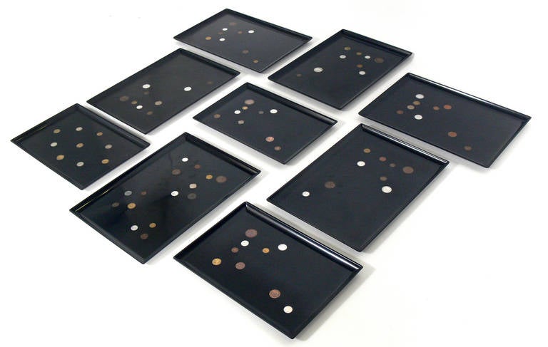 Mid-Century Modern Group of Coin Inlaid Trays by Couroc, Great Wall Sculpture