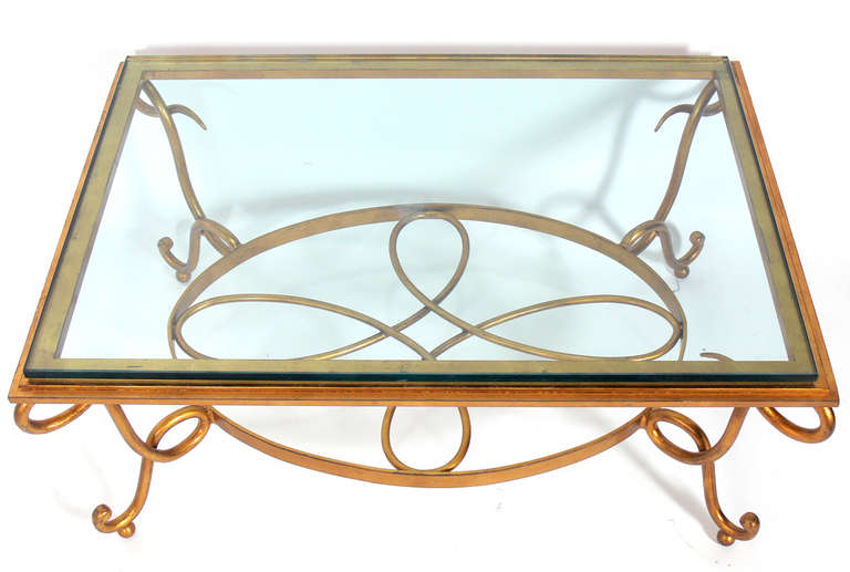 Hollywood Regency Glamorous Gilt Metal Coffee Table in the Manner of Rene Drouet