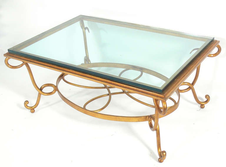 French Glamorous Gilt Metal Coffee Table in the Manner of Rene Drouet