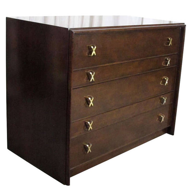 Glamorous Chest, designed by Paul Frankl for Johnson Furniture, circa 1950's. It is a versatile size and can be used as a chest or dresser in a bedroom or as storage in a living area. The example seen in the photos has been sold, but we have another