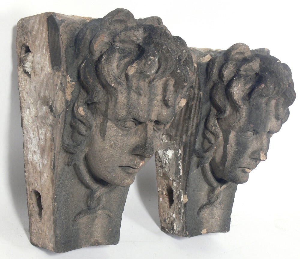 Pair of Medusa Architectural Elements from a NYC Building, believed to be circa 1890's - 1920's. We purchased these from a NYC collector who found them at the 26th Street Flea Market in the 1990's. He used them with the beautiful agate top seen in