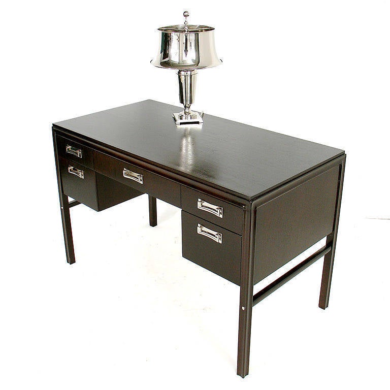 Mid-Century Modern Deep Brown Lacquered Desk with Nickel Plated Hardware