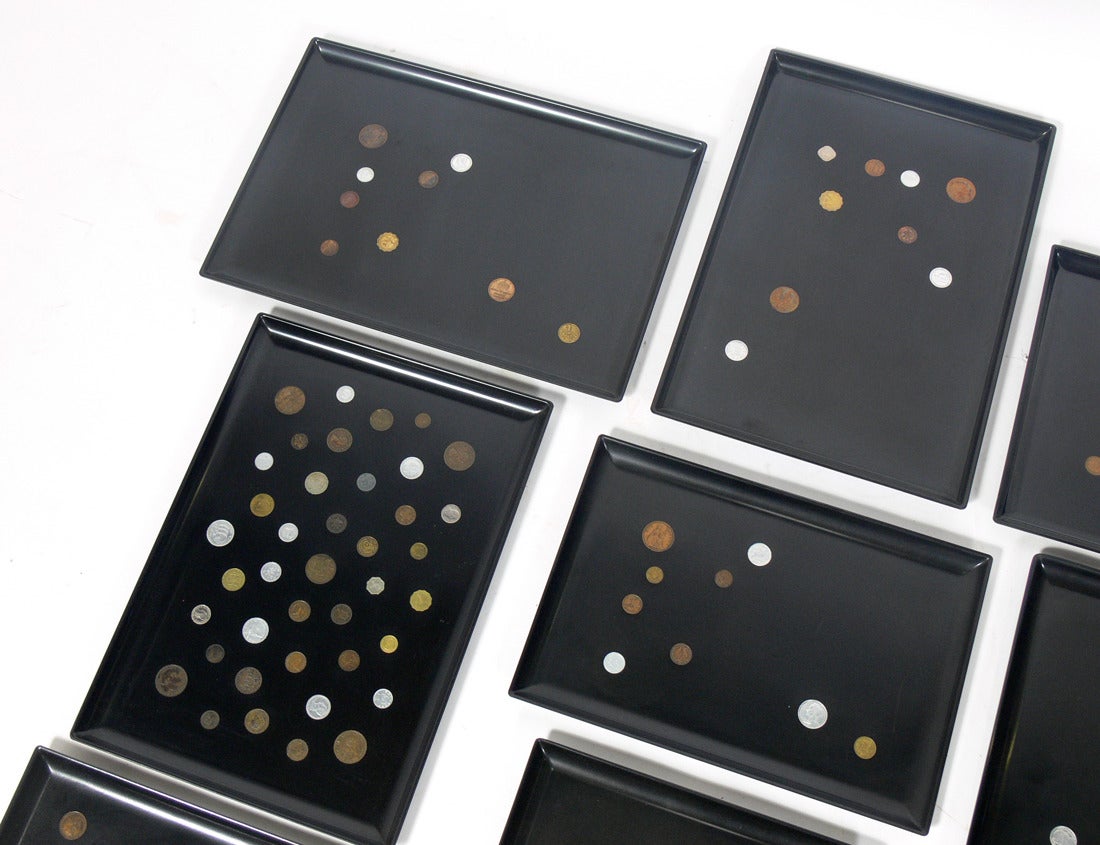Mid-Century Modern Group of Coin Inlaid Trays by Couroc For Sale