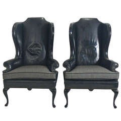 Pair of 1940's Black Leather Wingback Chairs