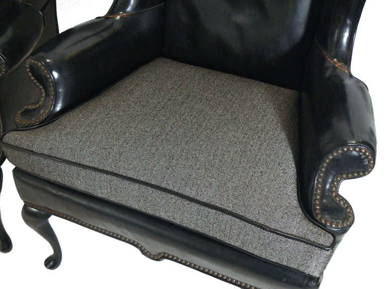 American Pair of 1940's Black Leather Wingback Chairs