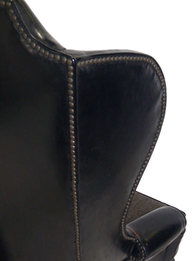 Pair of 1940's Black Leather Wingback Chairs In Good Condition In Atlanta, GA