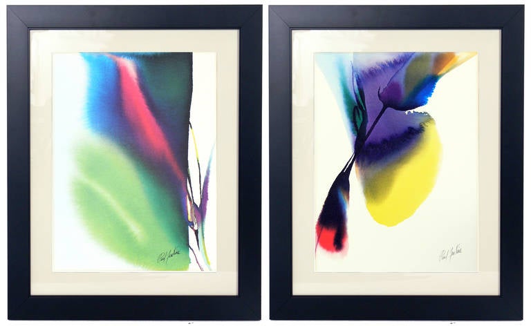 Pair of Abstract Color Lithographs by Paul Jenkins, American, circa 1950s. They have been framed in clean lined black lacquer gallery frames.