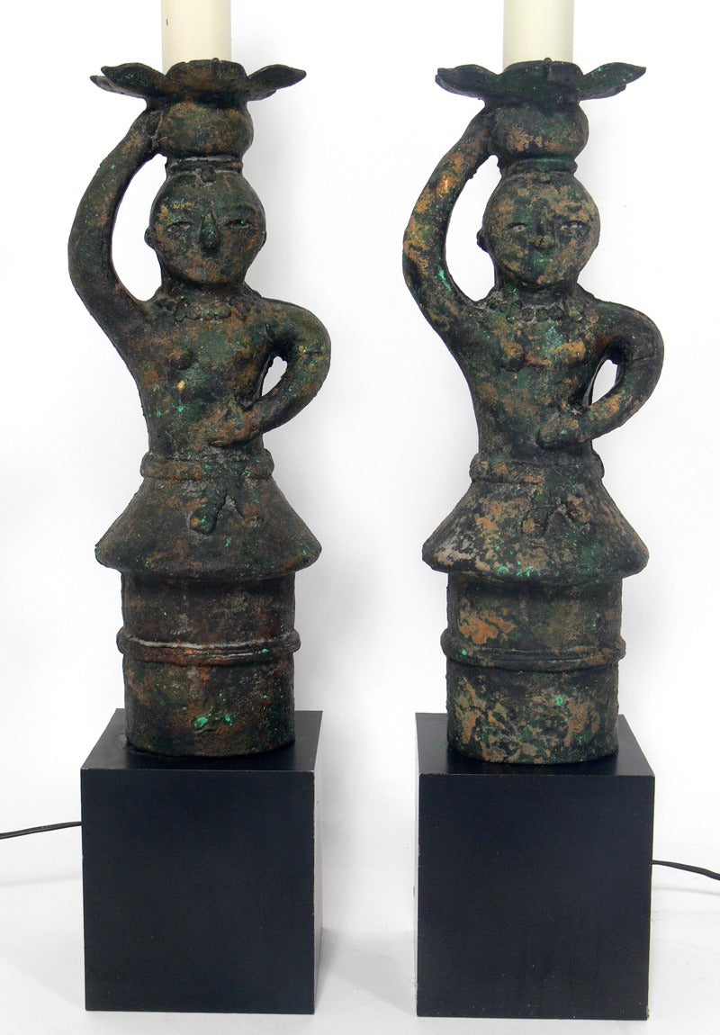Pair of Pre-Columbian Style Figural Lamps, in the manner of William 