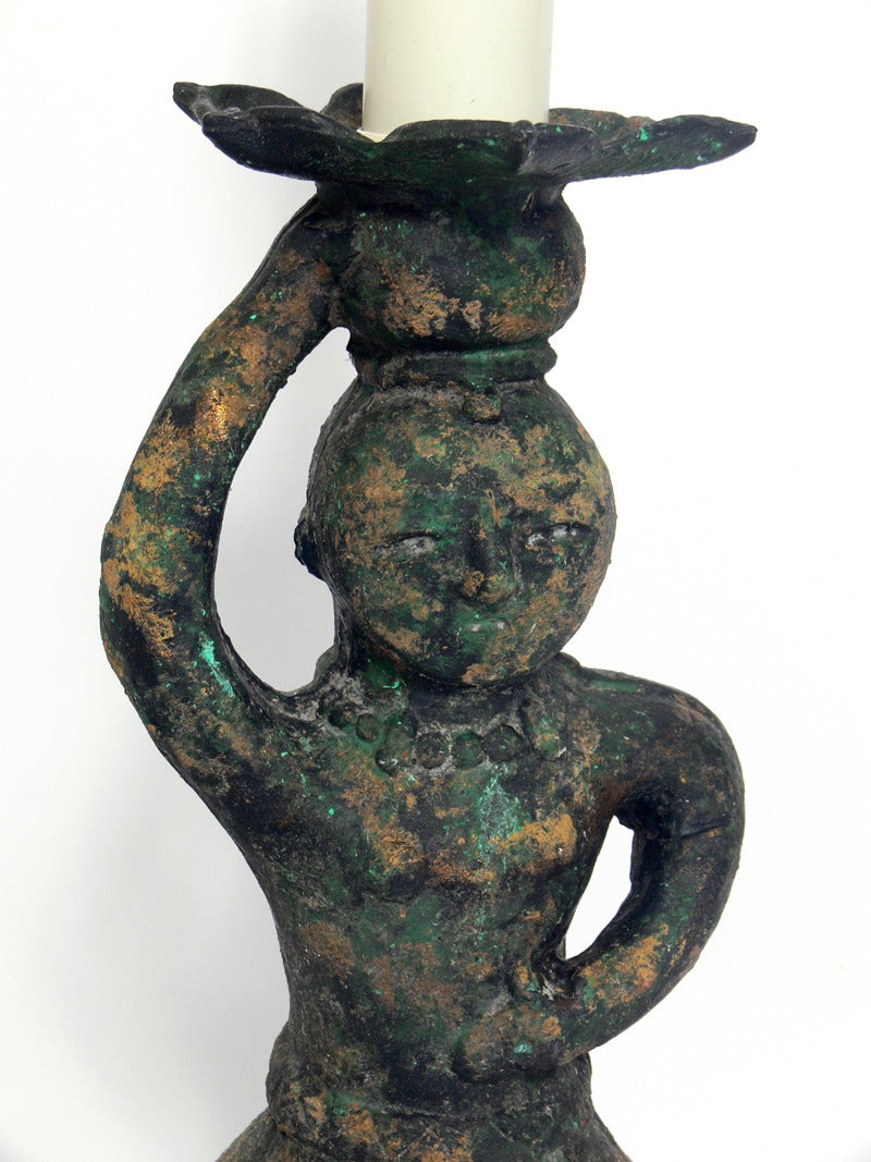 Lacquered Pair of Pre-Columbian Style Figural Lamps For Sale
