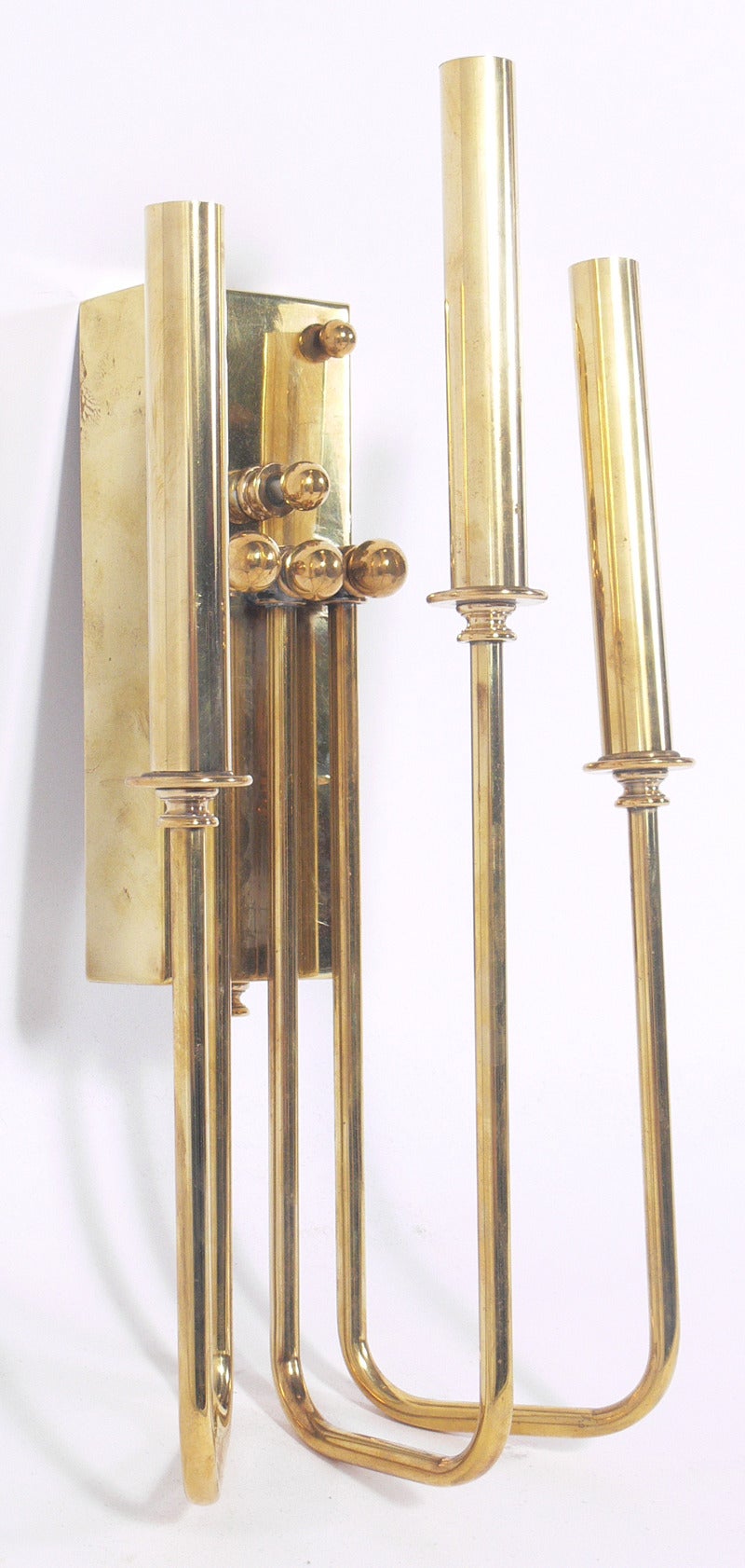 Mid-Century Modern Pair of Brass Three-Arm Sconces in the Manner of Tommi Parzinger