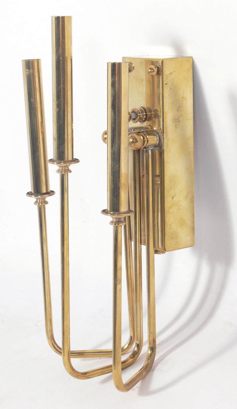American Pair of Brass Three-Arm Sconces in the Manner of Tommi Parzinger