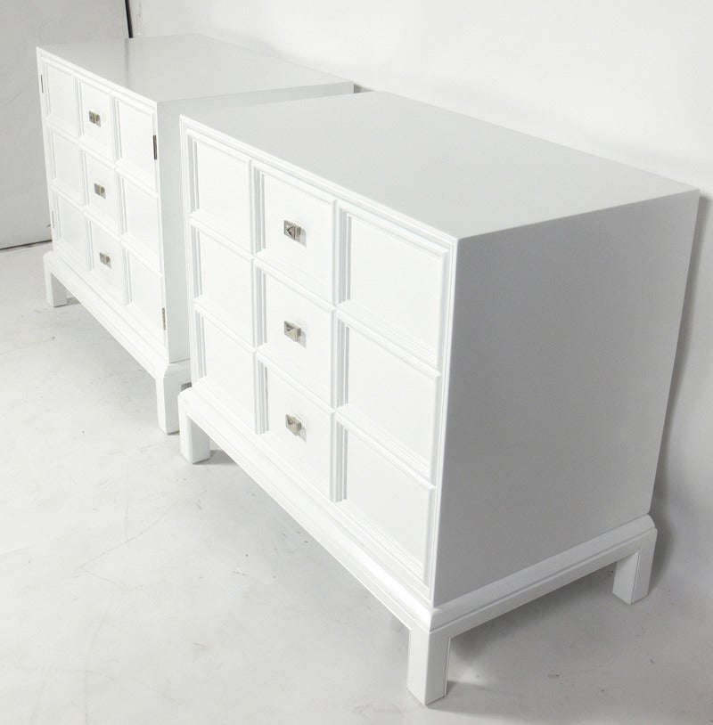 Mid-Century Modern Pair of White Lacquer and Nickel Hardware Chests