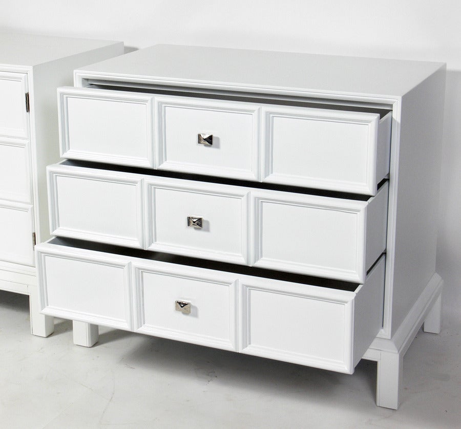 Lacquered Pair of White Lacquer and Nickel Hardware Chests