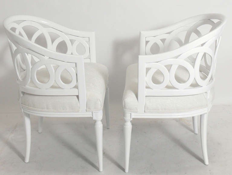 Hollywood Regency Pair of White Lacquer Loop Back Chairs