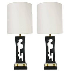 Pair of Sculptural Modernist Lamps in Black Lacquer and Brass